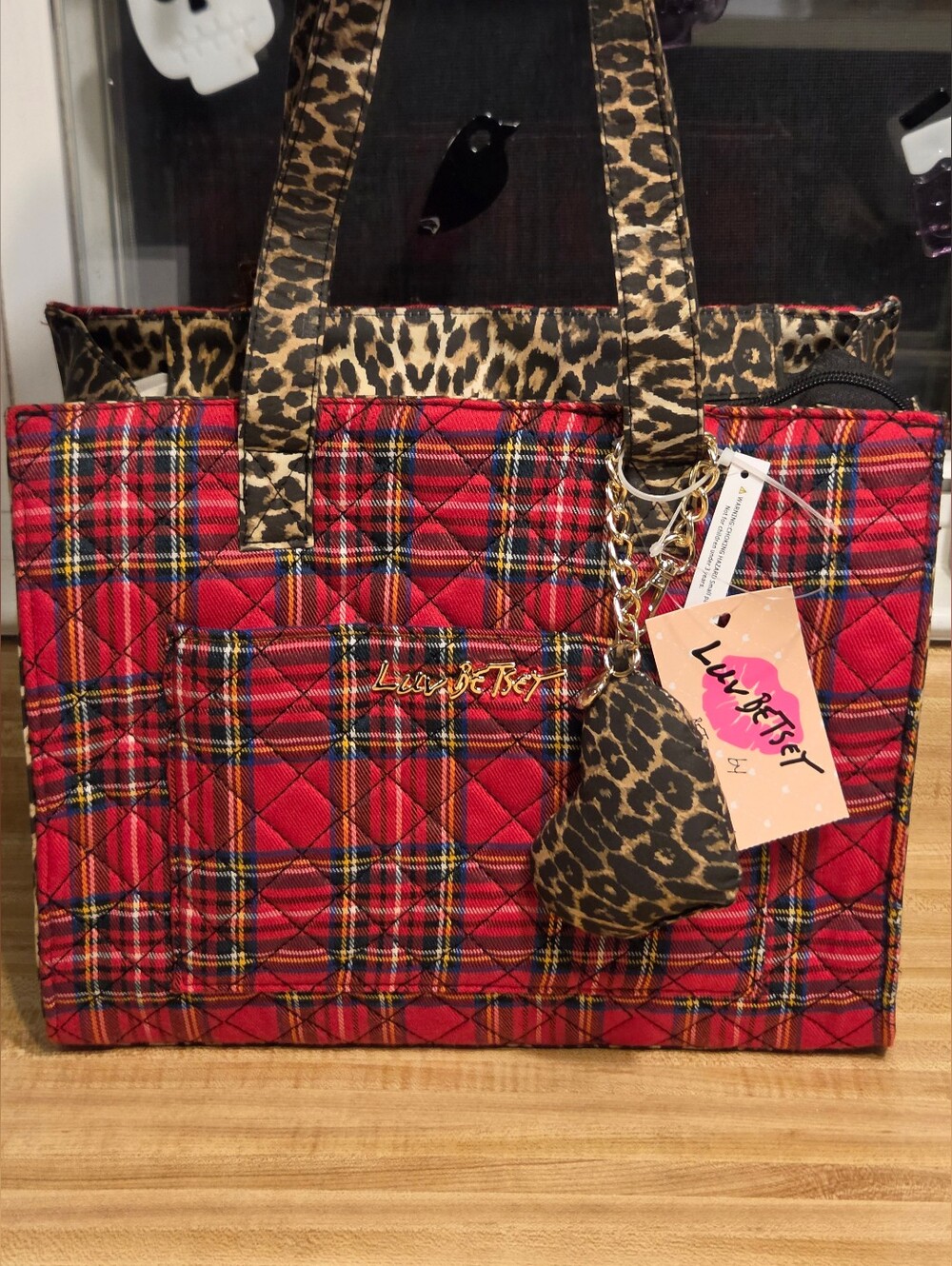 Betsey Johnson NWT Plaid & Leopard Tote W/Bag Charm